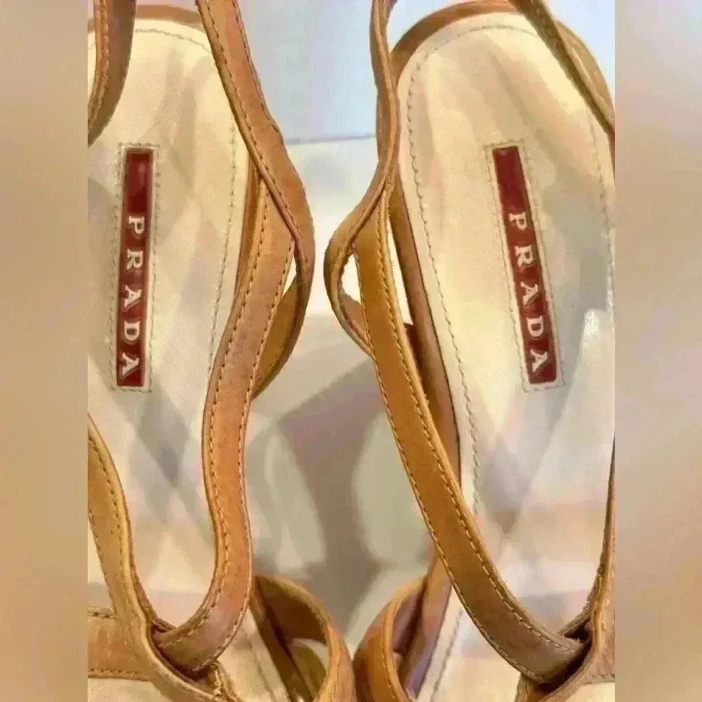 Prada Cork Wedge Strappy Tan Leather Sandals (Sz 37.5) - Picture 4 of 16